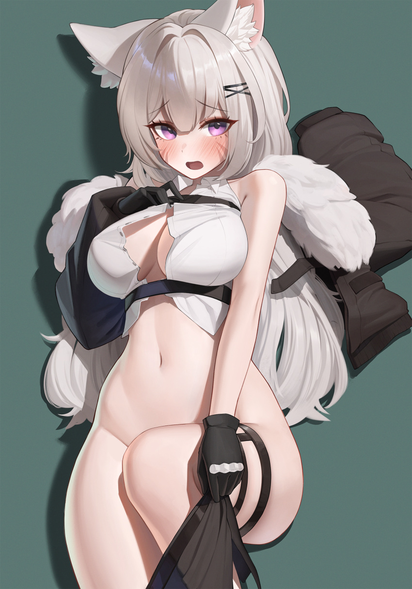 1girl absurdres animal_ear_fluff animal_ears bare_shoulders black_gloves black_jacket black_skirt blush breasts cat_ears cleavage commentary commission cropped_shirt facial_mark fur-trimmed_jacket fur_trim gloves green_background grey_hair hair_ornament hantata highres jacket large_breasts long_hair long_sleeves looking_at_viewer navel open_mouth original purple_eyes shirt simple_background skirt sleeveless sleeveless_shirt solo standing standing_on_one_leg stomach thigh_strap unbuttoned whisker_markings white_shirt