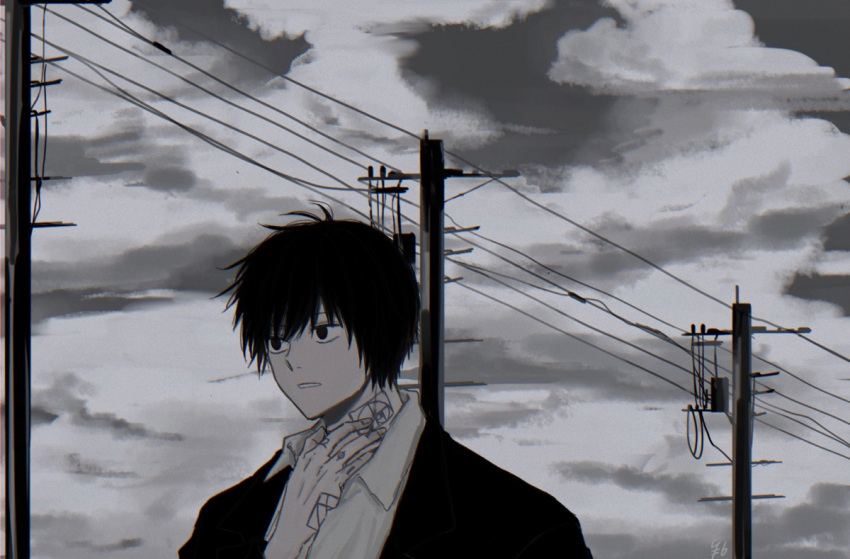 1boy arm_tattoo black_hair black_suit cloud cloudy_sky collared_shirt golden_spiral hand_tattoo nagumo_(sakamoto_days) neck_tattoo number_tattoo power_lines rokuen_skd sakamoto_days shirt sky suit tattoo white_shirt