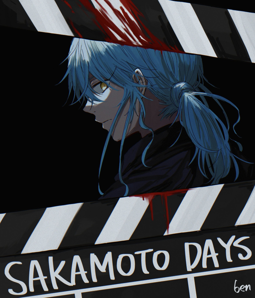 1girl akao_akira back_turned black_background blood blood_drip blue_hair clapperboard copyright_name highres looking_at_viewer ponytail rokuen_skd sakamoto_days solo turning_around yellow_eyes