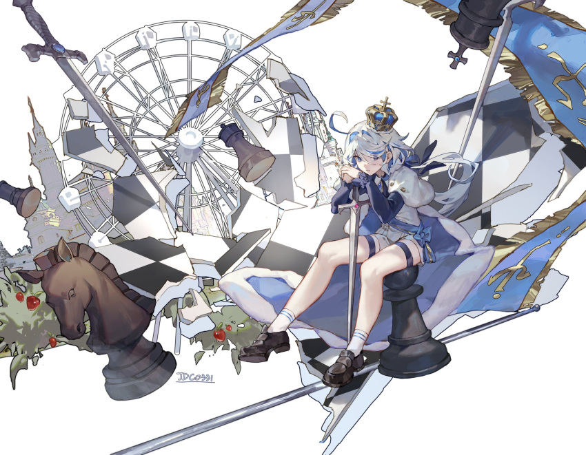 1girl ahoge artist_name black_footwear blue_eyes blue_hair bush cape castle chess_piece crown ferris_wheel full_body furina_(genshin_impact) genshin_impact hair_between_eyes heterochromia highres holding holding_sword holding_weapon light_blue_hair long_hair looking_at_viewer multicolored_hair parted_lips shorts sidelocks sitting socks solo streaked_hair sword two-tone_hair weapon white_shorts white_socks xuemen