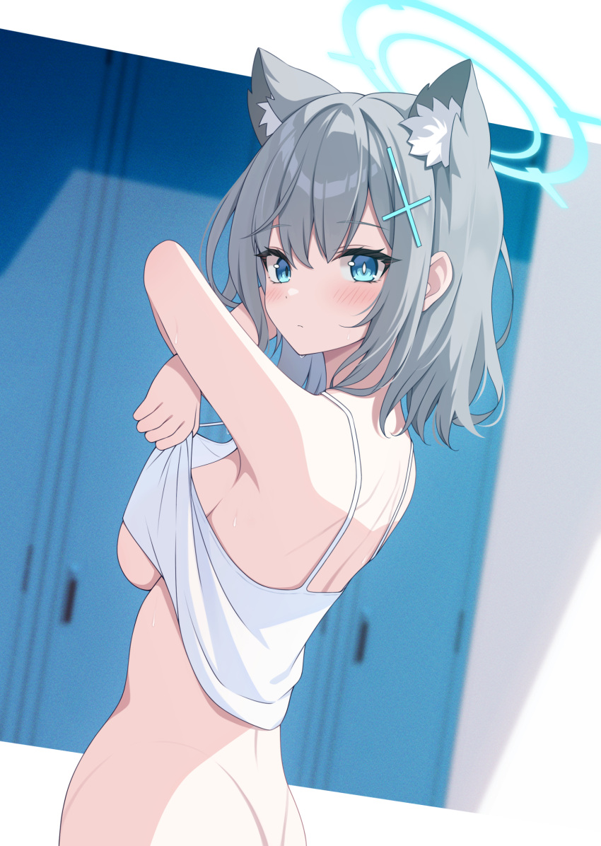 1girl animal_ear_fluff animal_ears arms_up ass blue_archive blue_halo camisole clothes_lift cross cross_hair_ornament crossed_arms extra_ears from_side grey_hair hair_ornament halo highres inverted_cross looking_at_viewer mismatched_pupils no_bra shiroko_(blue_archive) solo surisuririsu undressing white_camisole wolf_ears