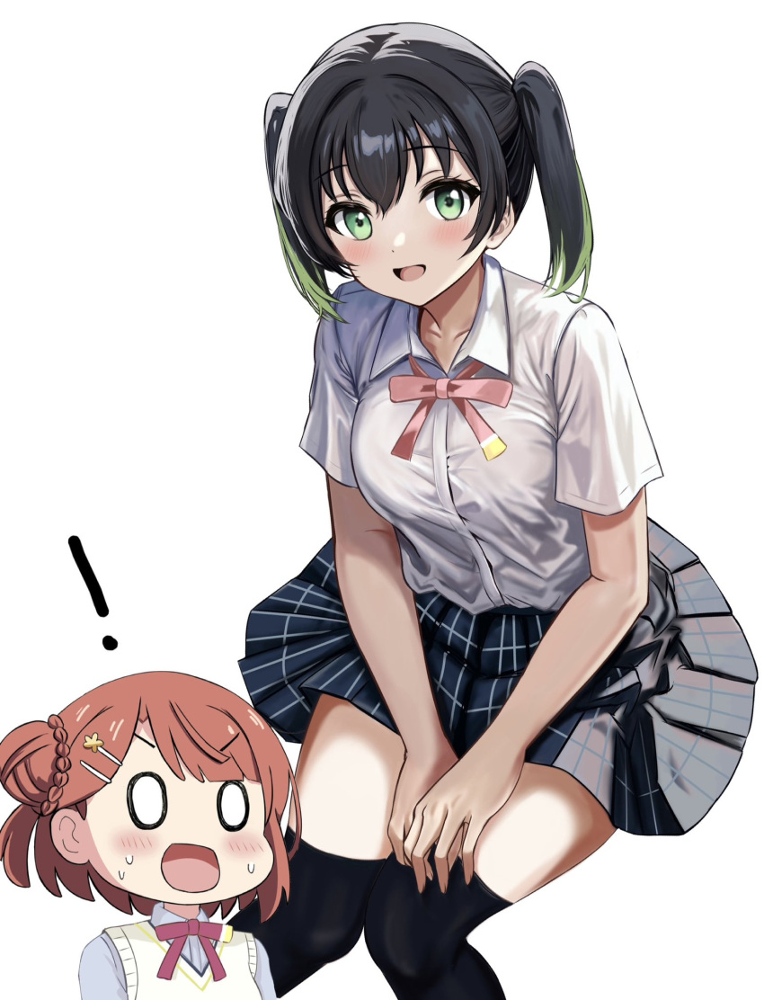 ! 2girls black_hair black_thighhighs blank_eyes blunt_bangs blush braid breasts collarbone gradient_hair green_eyes green_hair hair_between_eyes hair_bun hair_ornament hairclip hand_on_own_thigh highres looking_at_viewer love_live! love_live!_nijigasaki_high_school_idol_club medium_breasts medium_hair multicolored_hair multiple_girls neck_ribbon nijigasaki_academy_school_uniform o_o open_mouth orange_hair plaid plaid_skirt pleated_skirt raised_eyebrows ribbon school_uniform shirt simple_background single_side_bun sitting skirt smile summer_uniform surprised sweatdrop sweater_vest takasaki_yu thighhighs twintails two-tone_hair uehara_ayumu v-shaped_eyebrows vest white_background yellow_vest zaofeng