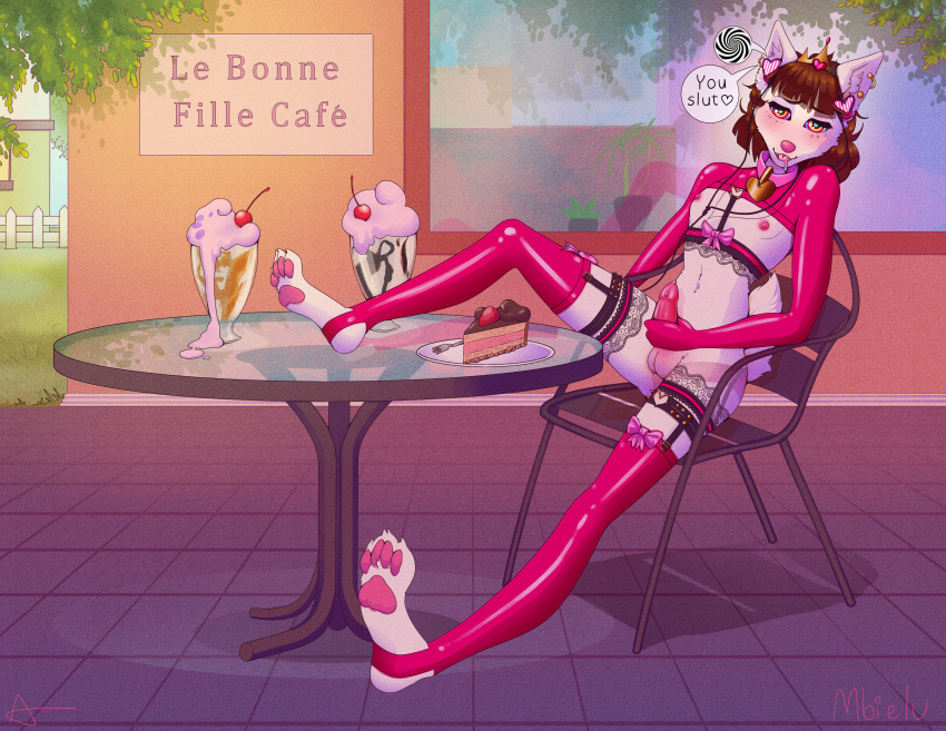 2017 4_toes absurd_res anthro balls barefoot beverage blush bodily_fluids bow_accessory bow_ribbon brown_hair cafe cake canid canine canis chair claws clothing collar collar_tag crown dessert digital_media_(artwork) domestic_dog drooling ear_piercing electronics english_text feet food french_text furniture fuyu_graycen garter_straps genitals girly hair headgear headphones hi_res hulder hybrid hypnosis lace latex latex_clothing latex_legwear latex_stockings legwear male mammal masturbation milkshake mind_control mindless nipples outside pawpads penile penile_masturbation piercing public ringed_eyes saliva signature solo stockings table text thigh_highs toe_claws toes uncensored white_body window