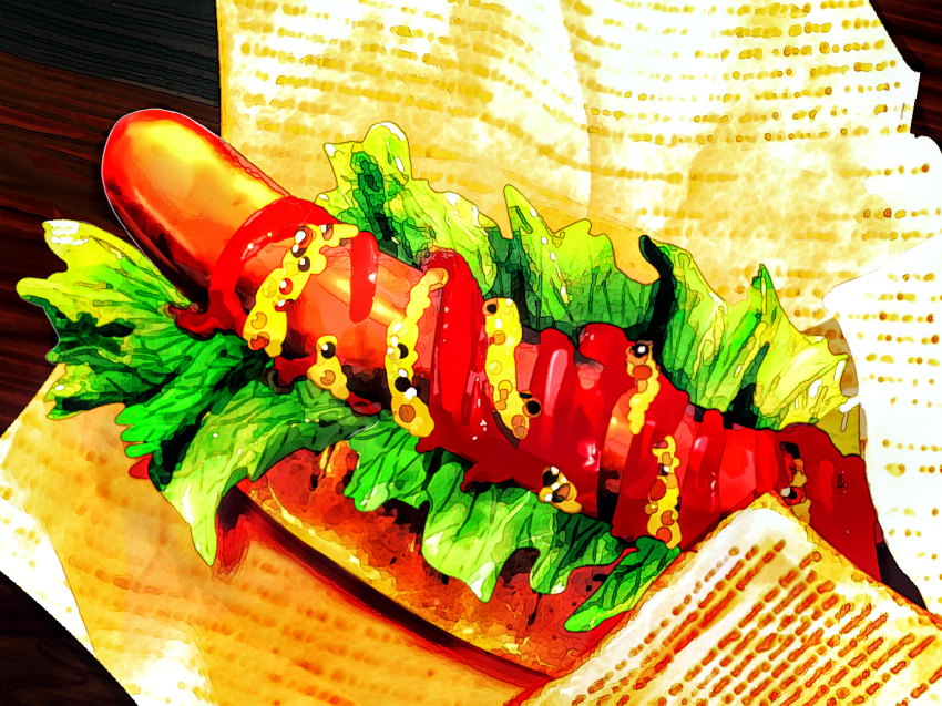 food food_focus food_wrapper frying-ammonite hot_dog hot_dog_bun ketchup lettuce mustard no_humans original still_life