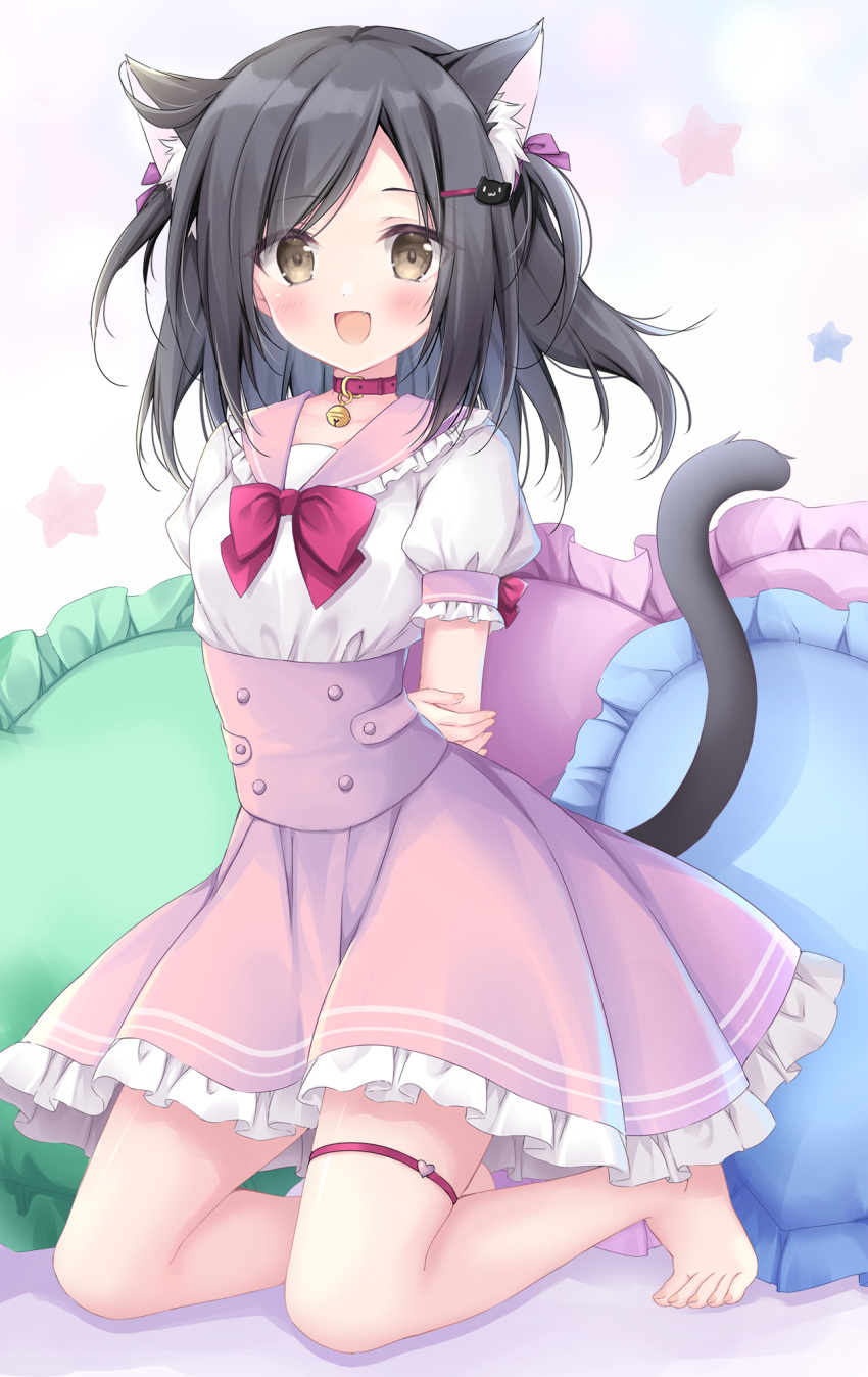 1girl :d animal_collar animal_ear_fluff animal_ears barefoot bell black_hair blush bow breasts brown_eyes cat_ears cat_girl cat_hair_ornament cat_tail collar corset extra_ears frilled_skirt frills hair_bow hair_ornament highres kneeling korie_riko looking_at_viewer medium_hair neck_bell original pink_sailor_collar pink_skirt puffy_short_sleeves puffy_sleeves sailor_collar short_sleeves skirt small_breasts smile solo tail thigh_strap