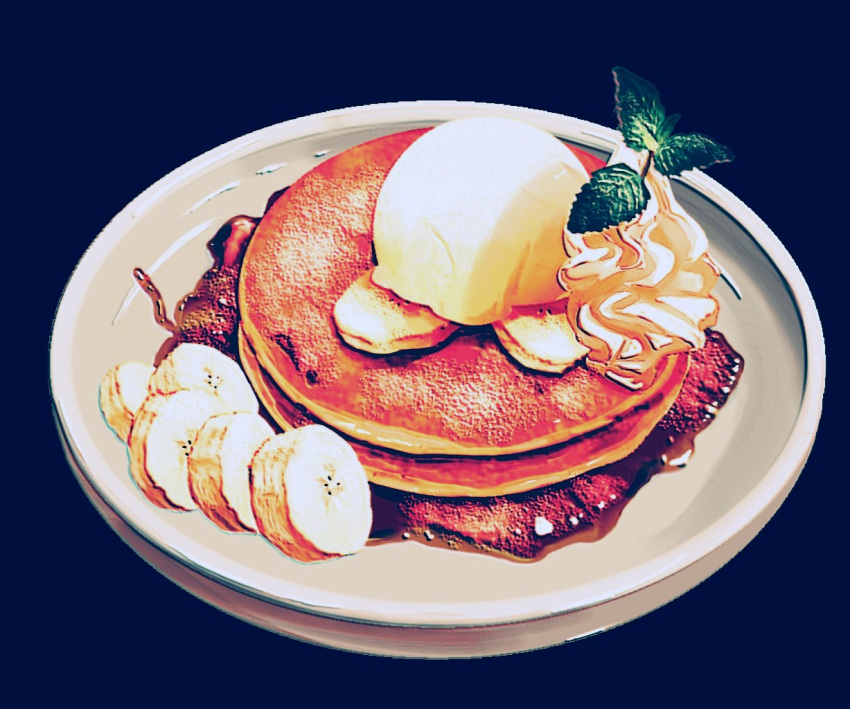 banana banana_slice chocolate_syrup food food_focus fruit frying-ammonite garnish ice_cream mint no_humans original pancake pancake_stack plate simple_background still_life whipped_cream