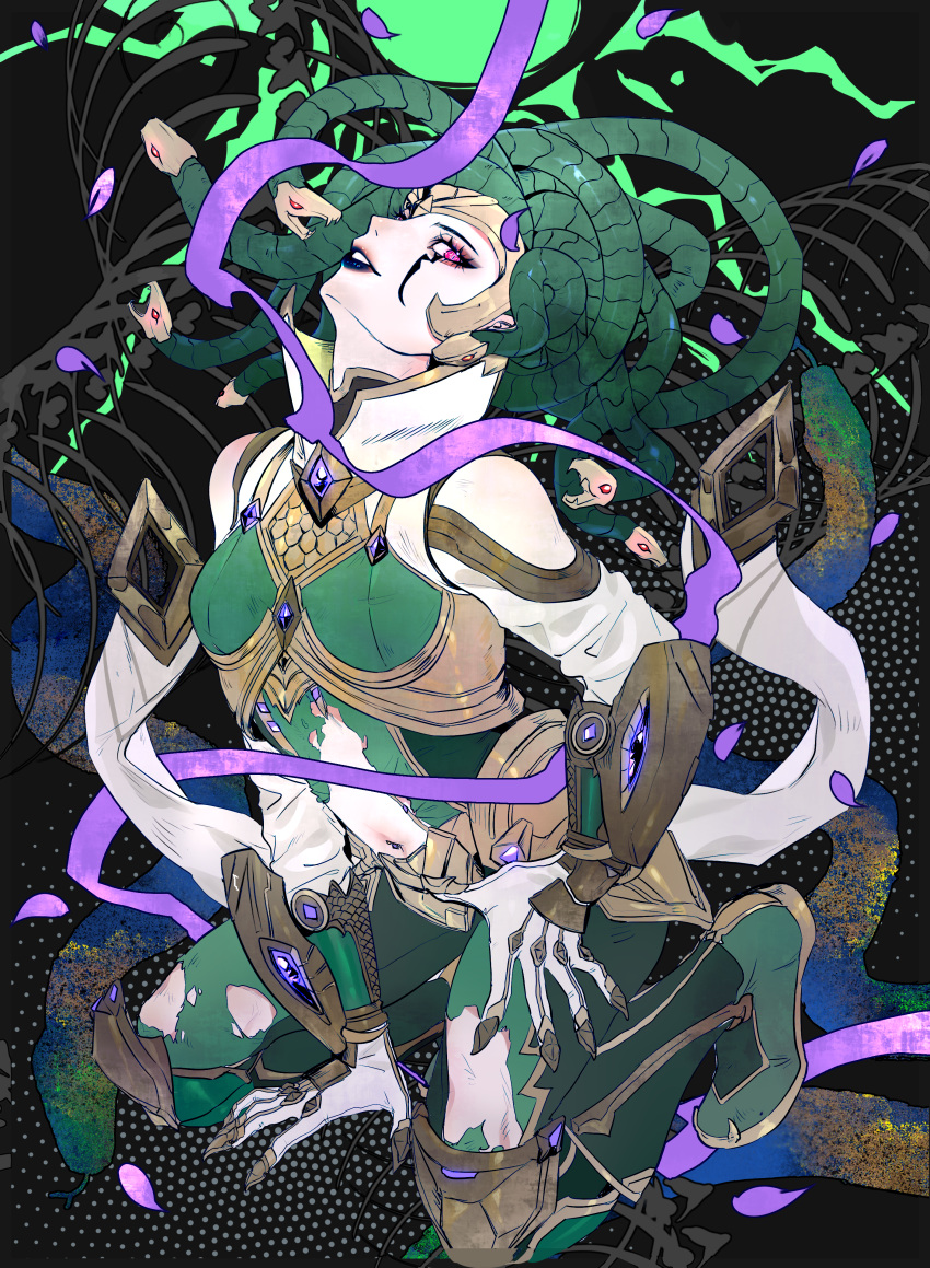 1girl absurdres animification apex_legends black_lips bodysuit breasts catalyst_(apex_legends) chinese_commentary clothing_cutout dabao_nugong eyeshadow gloves gorgon's_glare_catalyst green_bodysuit green_hair head_tilt highres looking_at_viewer makeup navel_piercing official_alternate_costume parted_lips piercing pink_eyes purple_eyeshadow purple_ribbon ribbon shaft_look shoulder_cutout small_breasts smile snake_hair solo torn_clothes white_gloves