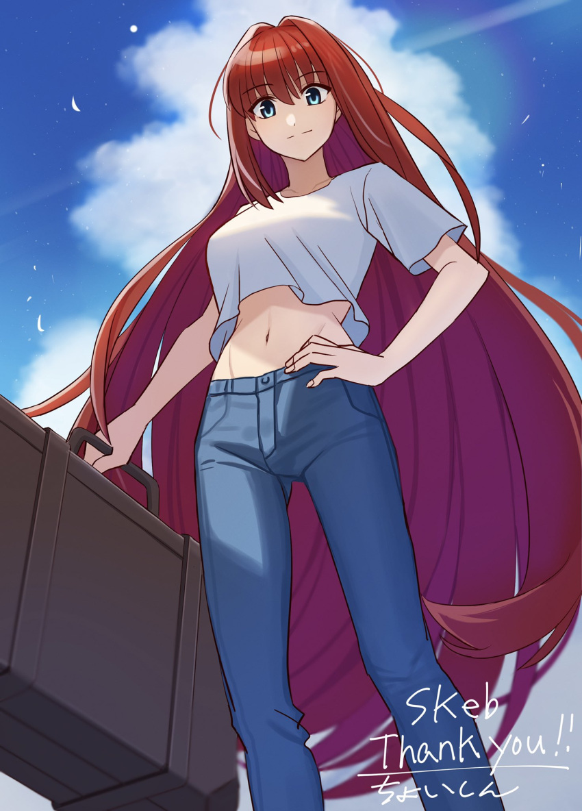 1girl aozaki_aoko blue_eyes blue_pants blue_sky closed_mouth cloud commentary_request commission day denim fingernails hair_between_eyes hair_intakes hand_on_own_hip highres holding holding_suitcase jeans long_hair looking_at_viewer midriff mixed-language_commentary navel outdoors pants red_hair shintyoi2 shirt short_sleeves sidelocks skeb_commission sky smile solo stomach suitcase tsukihime very_long_hair