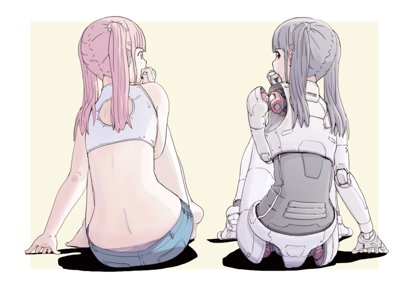 2girls android back_cutout clothing_cutout crop_top denim denim_shorts full_body grey_hair highres joints long_hair looking_at_another looking_at_viewer multiple_girls original panties panty_peek pink_hair pink_panties robot_joints short_shorts shorts sideways_glance simple_background sitting sukabu twintails underwear white_background