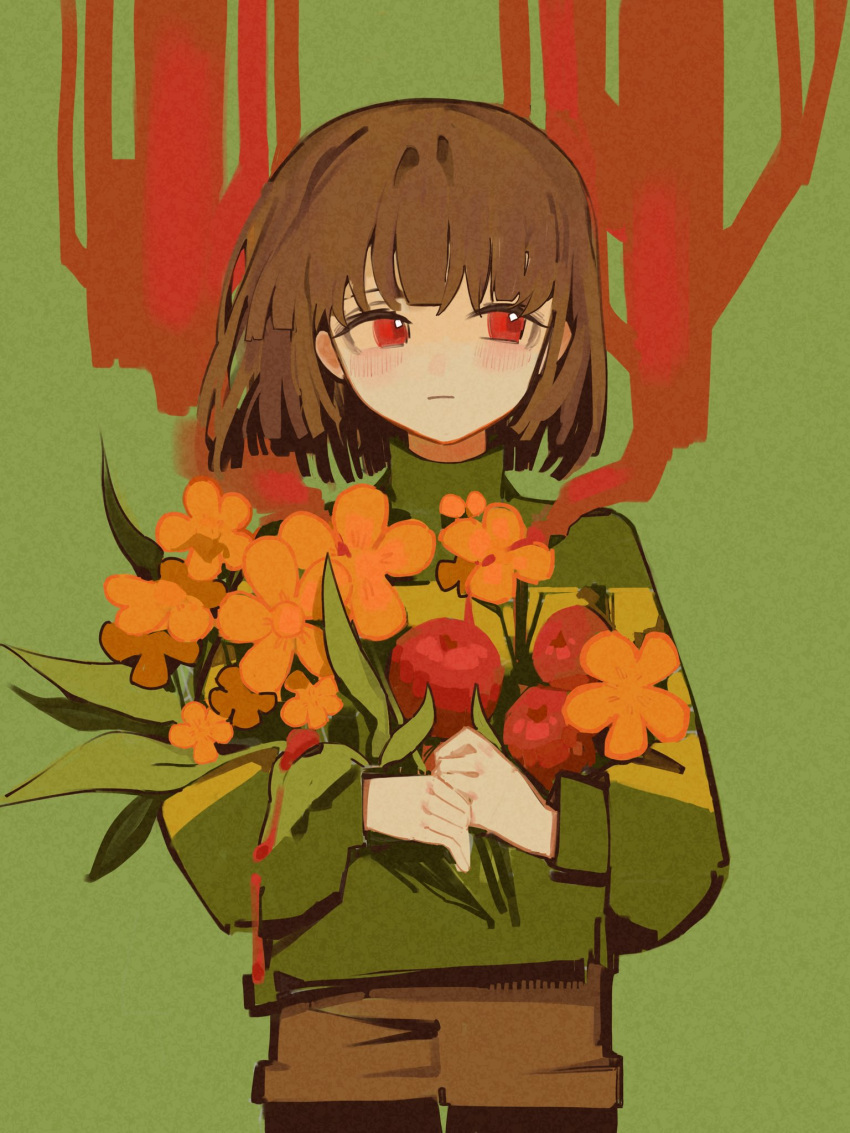 1other bouquet brown_shorts chara_(undertale) closed_mouth fetransistor flower green_sweater highres holding holding_bouquet long_sleeves looking_to_the_side orange_flower red_eyes shorts solo striped_clothes striped_sweater sweater undertale