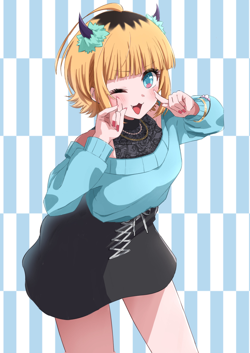 1girl ;d absurdres ahoge bare_shoulders black_hair black_shirt black_skirt blonde_hair blue_eyes blue_sweater blush breasts commentary_request fang hands_up highres honorikiti horns long_sleeves looking_at_viewer memcho multicolored_hair nail_polish off-shoulder_sweater off_shoulder one_eye_closed oshi_no_ko puffy_long_sleeves puffy_sleeves red_nails shirt skirt sleeveless sleeveless_shirt small_breasts smile solo sweater two-tone_hair