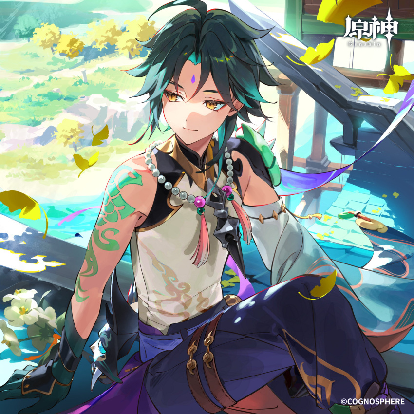 1boy absurdres ahoge arm_tattoo bare_shoulders blue_pants commentary_request copyright_name detached_sleeves dsmile facial_mark forehead_mark genshin_impact green_hair highres male_focus official_art pants second-party_source shirt short_hair single_sleeve sitting sleeveless sleeveless_shirt smile solo tattoo white_shirt xiao_(genshin_impact) yellow_eyes