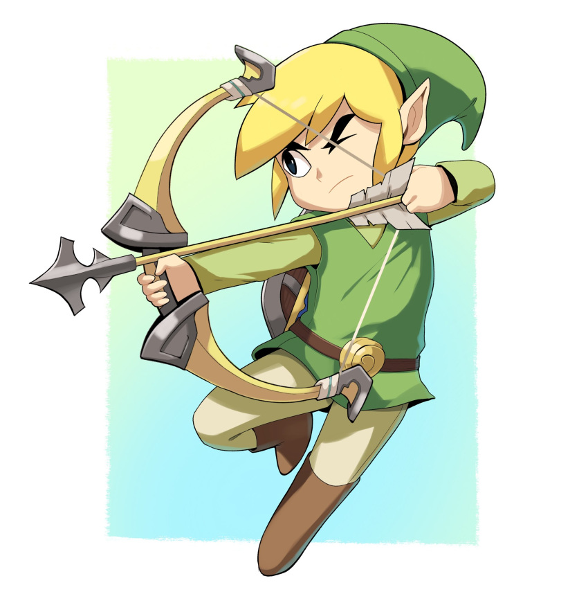 arrow_(weapon) blonde_hair boots bow_(weapon) clothing footwear franmm127 hair hat headgear headwear hi_res humanoid humanoid_pointy_ears hylian light_body light_skin male nintendo not_furry ranged_weapon shirt solo the_legend_of_zelda toon_link topwear tunic weapon wind_waker