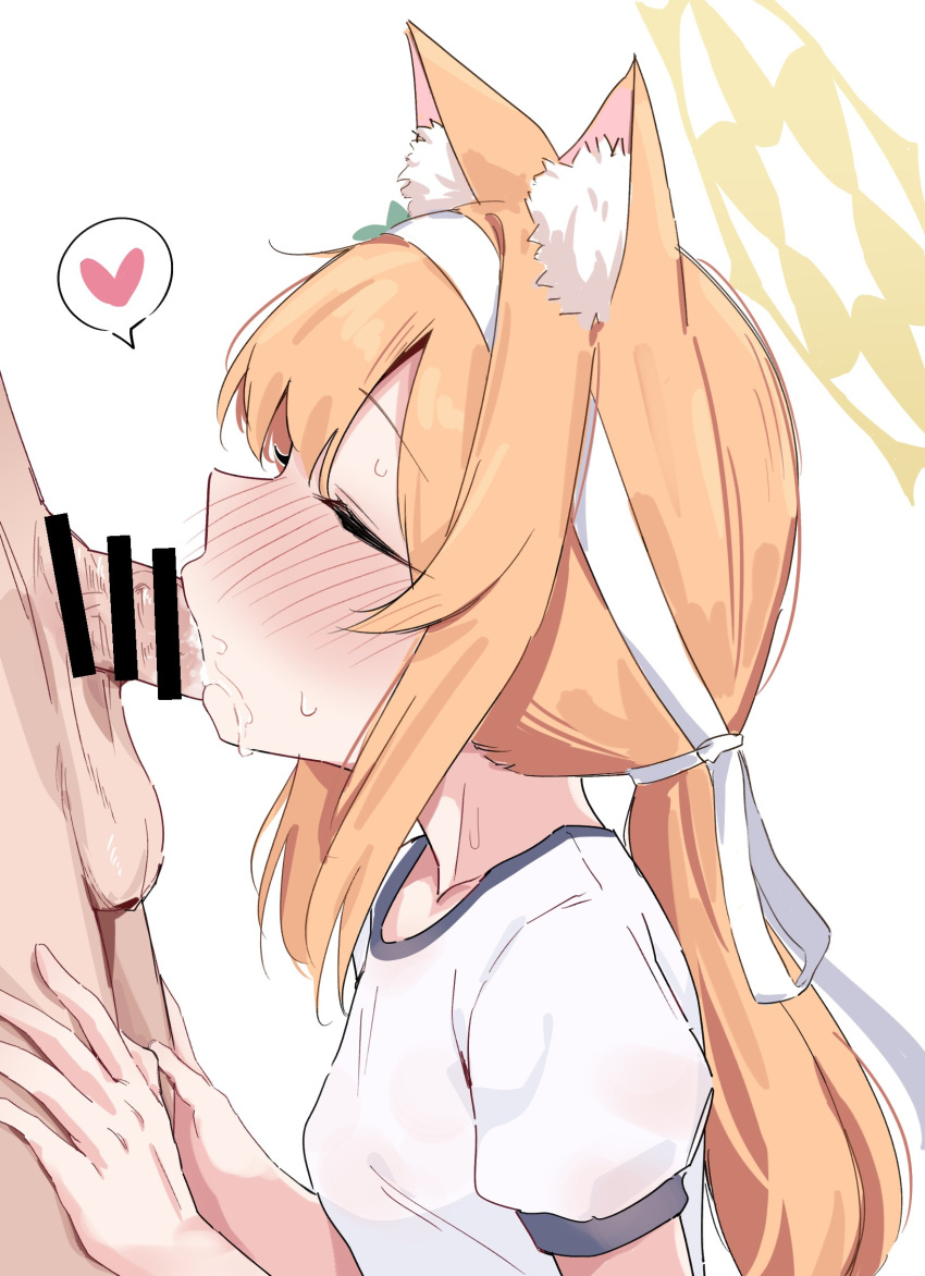 1girl animal_ear_fluff animal_ears blue_archive blue_eyes blush breasts cat_ears closed_eyes commentary_request fellatio flower gym_shirt gym_uniform hair_flower hair_ornament hairband halo heart hetero highres long_hair mari_(blue_archive) mari_(track)_(blue_archive) mashiro_latte_(msrn39) official_alternate_costume open_mouth oral orange_hair saliva shirt simple_background solo_focus sweat white_background yellow_halo