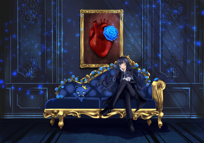 1girl absurdres ado_(utaite) adorozatorumary black_coat black_footwear black_hair black_pants blue_eyes blue_flower blue_rose cat chaise_longue chando_(ado) closed_mouth cloud_nine_inc coat collared_shirt commentary couch crossed_legs dress_shirt flower gloves hand_on_own_cheek hand_on_own_face highres indoors light_particles long_hair mole mole_under_eye open_clothes open_coat painting_(object) pants rain_(rain910) rose sanrio shadow shinzou_(ado) shirt sidelocks sitting solo utaite white_gloves white_shirt