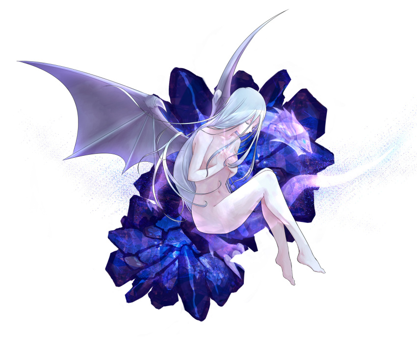 1girl barefoot blue-eyes_white_dragon blue_hair buizelbuibui closed_eyes closed_mouth collarbone completely_nude covering_breasts covering_privates crystal dragon dragon_wings eyelashes floating full_body highres kisara_(yu-gi-oh!) long_hair navel nude solo white_background wings yu-gi-oh!