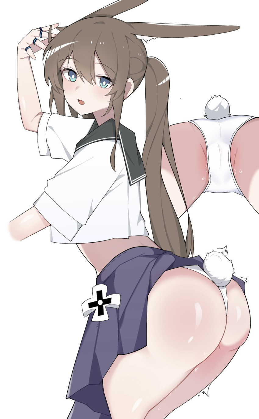 1girl amiya_(arknights) animal_ears aqua_eyes arknights arm_up ass black_sailor_collar bright_pupils brown_hair cameltoe chinese_commentary commentary_request cropped_shirt hair_between_eyes highres jewelry leaning_back light_blush long_hair looking_at_viewer multiple_views open_mouth panties pleated_skirt purple_skirt pussy_juice rabbit_ears rabbit_girl rabbit_tail ring sailor_collar shirt short_sleeves simple_background skirt tail turning_head twilight_(cgkk4357) twitching underwear white_background white_panties white_pupils white_shirt white_tail
