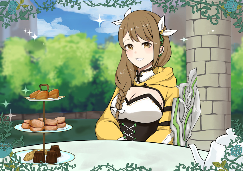 1girl armor blush braid breasts brown_eyes brown_hair bush cleavage column commentary_request corset cup fire_emblem fire_emblem:_three_houses fire_emblem_engage food goldmary_(fire_emblem) grin hair_ribbon highres hood hood_down large_breasts long_hair long_sleeves looking_at_viewer otokajife pastry pillar ribbon shoulder_armor shrug_(clothing) smile solo teacup tiered_tray white_ribbon