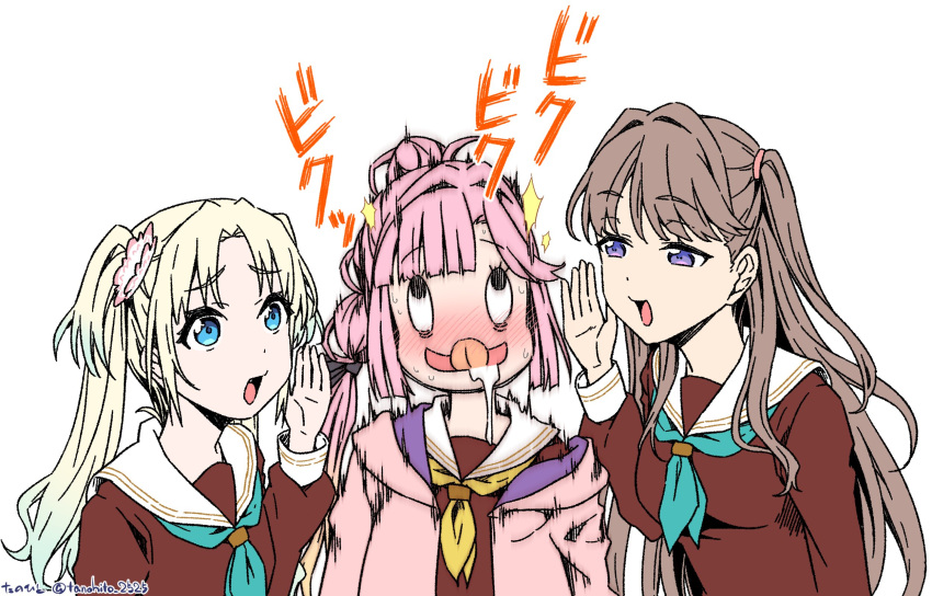 3girls anyoji_hime aqua_neckerchief artist_name artistic_error black_ribbon blonde_hair blue_eyes blue_hair blunt_bangs blush brown_dress brown_hair commentary_request dress drooling flower fujishima_megumi gradient_hair hair_flower hair_intakes hair_ornament hair_ribbon half-closed_eyes hand_up hasu_no_sora_school_uniform highres jacket light_blue_hair link!_like!_love_live! long_hair long_sleeves looking_at_another love_live! mira-cra_park! multi-tied_hair multicolored_hair multiple_girls neckerchief nose_blush open_clothes open_jacket open_mouth osawa_rurino parted_bangs pink_flower pink_hair pink_jacket ponytail purple_eyes ribbon sailor_collar sailor_dress school_uniform sidelocks signature simple_background sweat swept_bangs tanohito tongue tongue_out trembling twintails two_side_up virtual_youtuber whispering whispering_in_ear white_background white_flower white_sailor_collar winter_uniform yellow_neckerchief