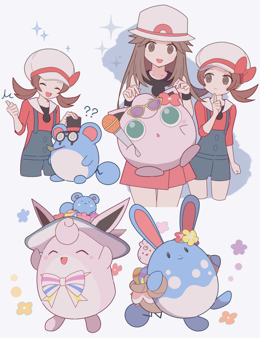 2girls 343rone :d ? ?? absurdres azumarill bow brown_hair closed_eyes commentary_request hair_flaps hat hat_bow highres igglybuff leaf_(pokemon) long_hair lyra_(pokemon) marill multiple_girls multiple_views open_mouth overalls pleated_skirt pokemon pokemon_(creature) pokemon_frlg pokemon_hgss red_bow shirt sidelocks skirt smile sparkle thumbs_up twintails white_hat wigglytuff