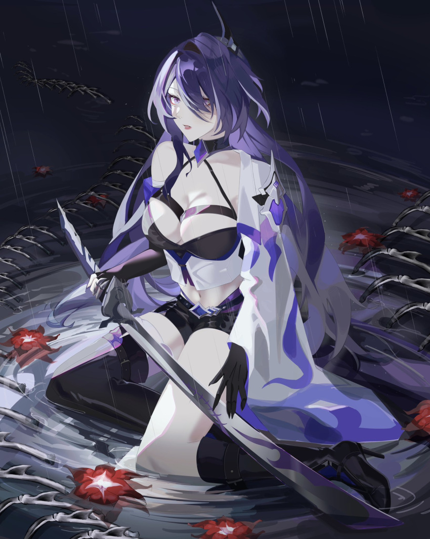 1girl acheron_(honkai:_star_rail) arinyawa asymmetrical_footwear black_choker black_gloves black_shorts bone boots breasts chain choker cleavage coat coattails detached_sleeves flower gloves hair_over_one_eye highres honkai:_star_rail honkai_(series) long_hair midriff multicolored_hair navel purple_eyes purple_hair red_flower scabbard sheath sheathed short_shorts shorts single_bare_shoulder sitting skeleton solo stomach streaked_hair sword thigh_boots water weapon white_coat