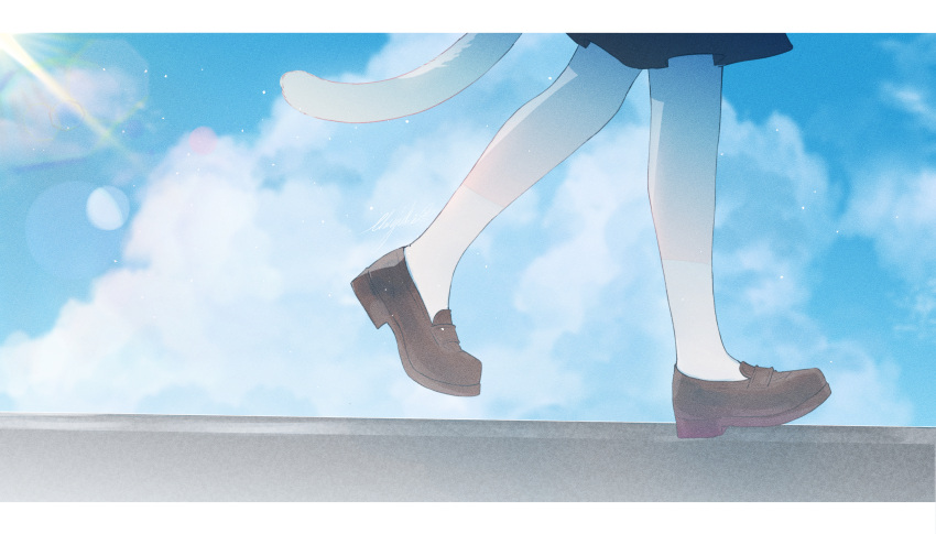 1girl absurdres blue_sky brown_footwear cat_tail chiyuki0321 cloud commentary_request day highres lens_flare light_particles loafers lower_body original outdoors shoes signature sky socks solo tail walking white_socks