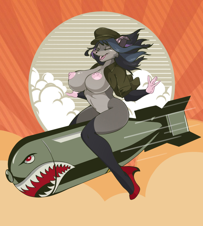 absurd_res american_opossum anthro bomb clothed clothing erect_nipples explosives eyes_closed female footwear hi_res high_heels mammal marsupial military military_jacket nipples notde_(character) nylon_stockings politics sitting solo topless topless_female unknown_artist virginia_opossum