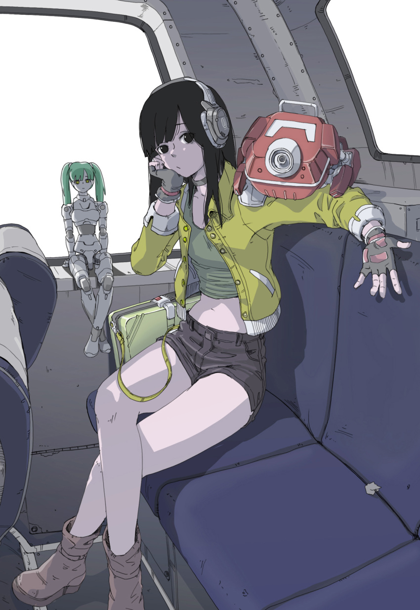 1girl :/ black_eyes black_hair boots crop_top crossed_legs doll fingerless_gloves gloves headphones highres jacket long_hair looking_at_viewer navel open_clothes open_jacket original science_fiction short_shorts shorts sitting sukabu vehicle_interior