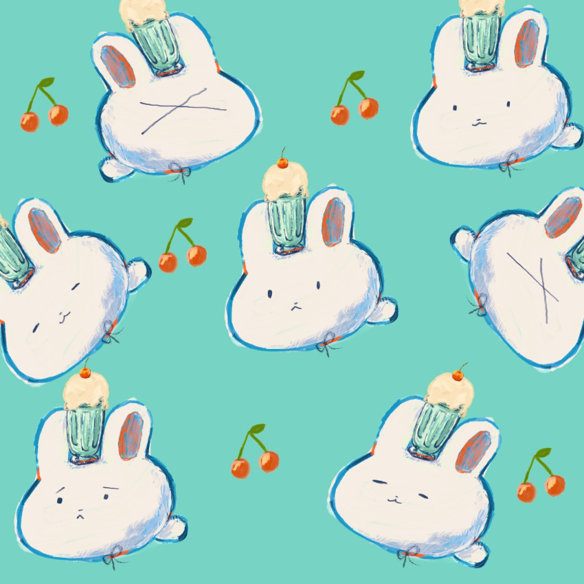 :&lt; :3 amecandle_143 animal animal_focus cherry closed_eyes food fruit highres milkshake milkshake_bunny_(omori) no_humans omori rabbit white_rabbit_(animal) x x_x