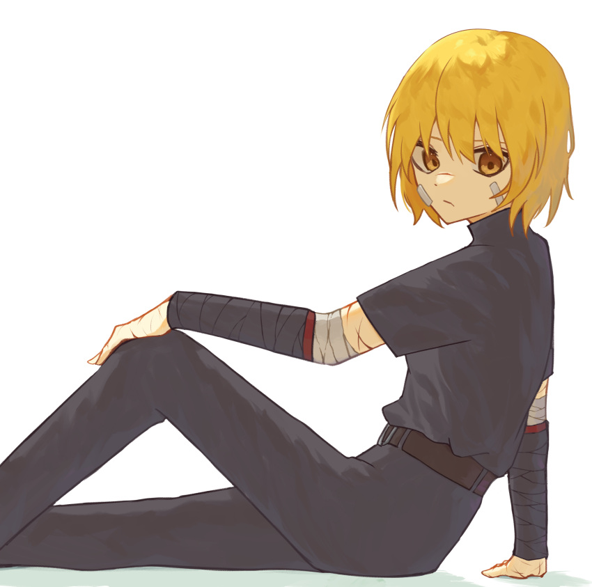 1girl absurdres bandaged_arm bandages bandaid bandaid_on_face black_pants black_shirt blonde_hair closed_mouth don_quixote_(project_moon) highres limbus_company looking_at_viewer pants project_moon shirt short_hair short_sleeves simple_background sinlu sitting solo white_background yellow_eyes