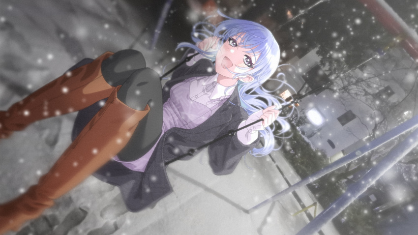 1girl black_coat black_pantyhose blue_hair boots coat commentary dress dutch_angle hands_up highres idolmaster idolmaster_shiny_colors knees_up long_hair long_sleeves looking_at_viewer open_clothes open_coat open_mouth orange_footwear outdoors pantyhose photo_background purple_dress purple_eyes smile snowing solo suzuki_hana swing symbol-only_commentary takada_(pixiv_97599311) thigh_boots