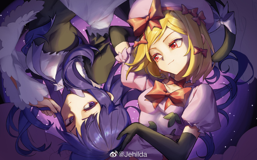 2girls arm_behind_head artist_name bead_choker beret black_dress black_gloves blonde_hair bow bow_choker bowtie chinese_commentary commentary_request dress elbow_gloves eye_contact frederica_bernkastel frilled_sleeves frills gloves hair_bow hand_on_another's_head hat highres holding_own_hair jehilda lambdadelta long_hair looking_at_another multiple_girls pink_dress pink_hat puffy_short_sleeves puffy_sleeves purple_background purple_bow purple_bowtie purple_eyes purple_hair red_bow red_bowtie red_eyes rotational_symmetry short_hair short_sleeves sideways_glance smirk umineko_no_naku_koro_ni weibo_logo weibo_watermark