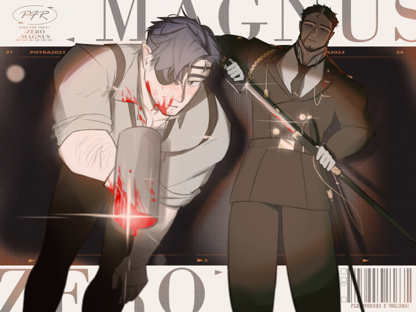 2boys absurdres bara blood blood_on_face blue_hair borrowed_character drawing_sword expressionless eyepatch facial_hair feet_out_of_frame glint goatee_stubble hammer highres holding holding_hammer holding_sword holding_weapon incoming_attack large_pectorals leaning_forward magnus_mordium_(plateforrat) male_focus multiple_boys muscular muscular_male original pectorals plateforrat sanpaku scar scar_on_cheek scar_on_face sleeves_rolled_up sparse_arm_hair stubble suit suspenders sword thick_eyebrows tsurime weapon zero_(yogireji)