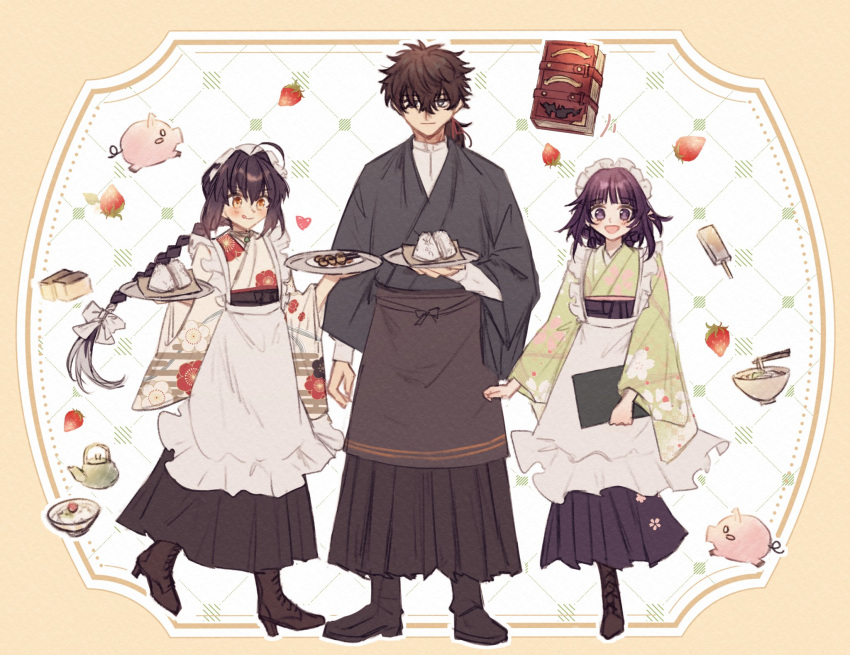 1boy 1girl 1other :q ahoge alternate_costume apron black_footwear black_hair black_hakama black_skirt book boots bowl braid braided_hair_rings cake castella_(food) choker chopsticks crimson_codex_(fate) dango fate/samurai_remnant fate_(series) food frilled_apron frills fruit green_kimono grey_kimono hair_over_eyes hakama hakama_skirt highres holding holding_menu holding_tray japanese_clothes kimono long_hair low_ponytail maid maid_apron maid_headdress menu miyamoto_iori_(fate) ogasawara_kaya onigiri pig popsicle printemps purple_eyes shirt sidelocks single_braid skirt smile strawberry teapot tongue tongue_out tray wa_maid wagashi white_apron white_kimono white_shirt wide_sleeves yamato_takeru_(fate)