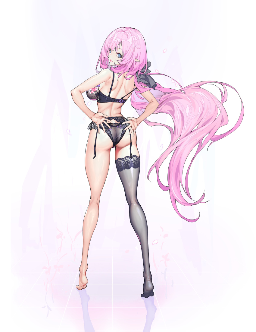 1girl absurdres ass back black_bow black_bra black_panties black_thighhighs blue_eyes bow bra breasts closed_mouth elf elysia_(honkai_impact) full_body guratan hair_bow hands_on_own_hips highres honkai_(series) honkai_impact_3rd kneepits large_breasts lingerie long_hair looking_at_viewer looking_back panties pink_hair pointy_ears reflective_floor single_thighhigh smile soles solo standing thighhighs tiptoes underwear very_long_hair