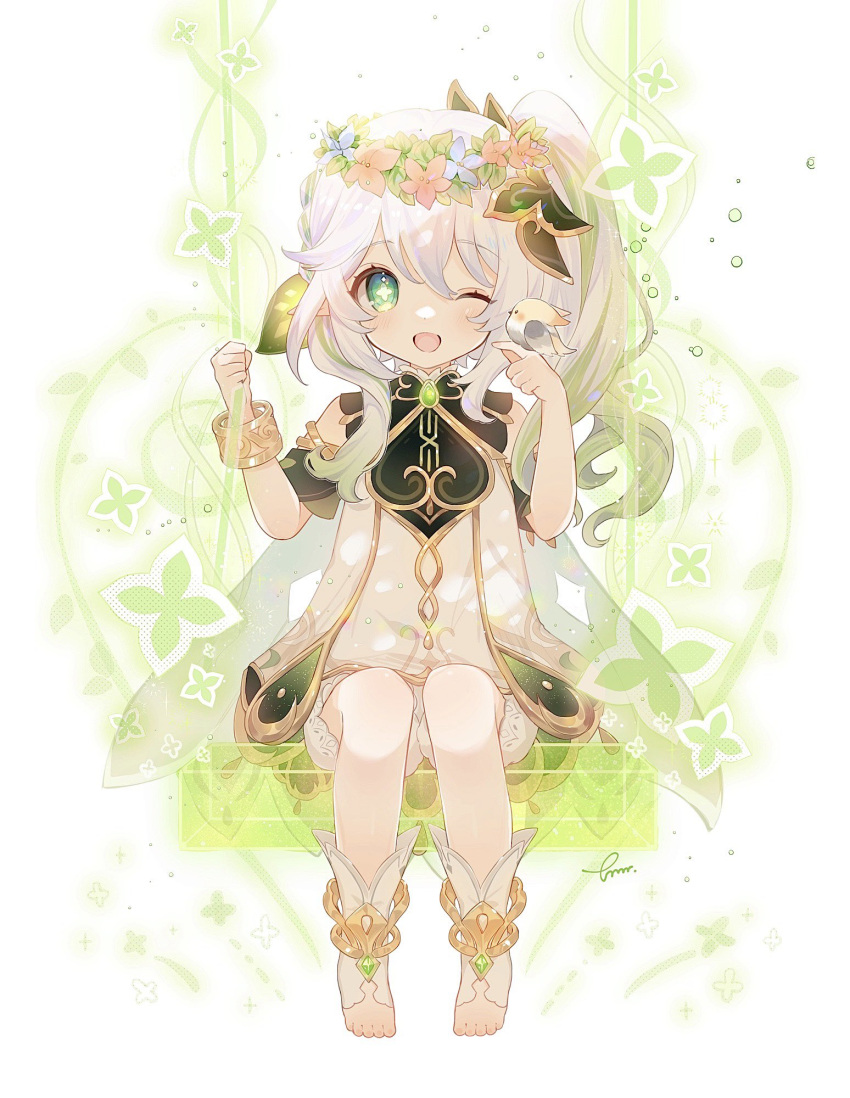 1girl bird bird_on_hand bloomers blue_flower blush dress flower full_body genshin_impact green_eyes green_hair green_sleeves hair_between_eyes hair_ornament head_wreath highres long_hair nahida_(genshin_impact) one_eye_closed open_mouth pink_flower pointy_ears ponytail side_ponytail sidelocks simple_background sitting solo swing tamamura_(tmmr5) white_background white_bloomers white_dress white_hair