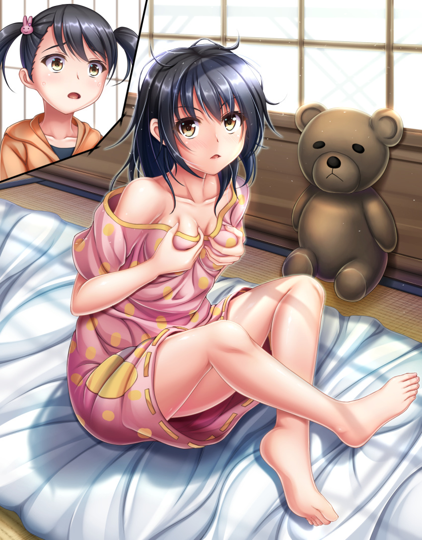 2girls barefoot black_hair breasts brown_eyes bunny_hair_ornament cleavage day dress full_body futon grabbing_own_breast hair_ornament highres hiro_(725611) indoors kimi_no_na_wa looking_at_viewer messy_hair miyamizu_mitsuha miyamizu_yotsuha multiple_girls off-shoulder_dress off_shoulder open_mouth pink_dress polka_dot polka_dot_dress ribbon-trimmed_dress shiny shiny_clothes shiny_hair short_dress short_sleeves sitting small_breasts stuffed_animal stuffed_toy sweatdrop teddy_bear twintails