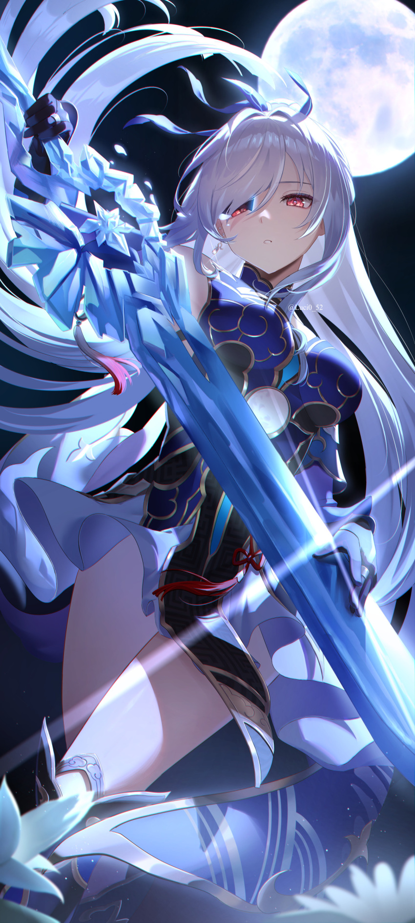 1girl absurdres black_gloves blue_dress blue_sleeves breasts commentary_request crystal_sword detached_sleeves dress drop_earrings earrings full_moon gloves hair_between_eyes highres holding holding_sword holding_weapon honkai:_star_rail honkai_(series) jewelry jingliu_(honkai:_star_rail) long_hair looking_at_viewer lucy_(rusi-juren328) medium_breasts moon night night_sky ponytail red_eyes sky solo sword weapon