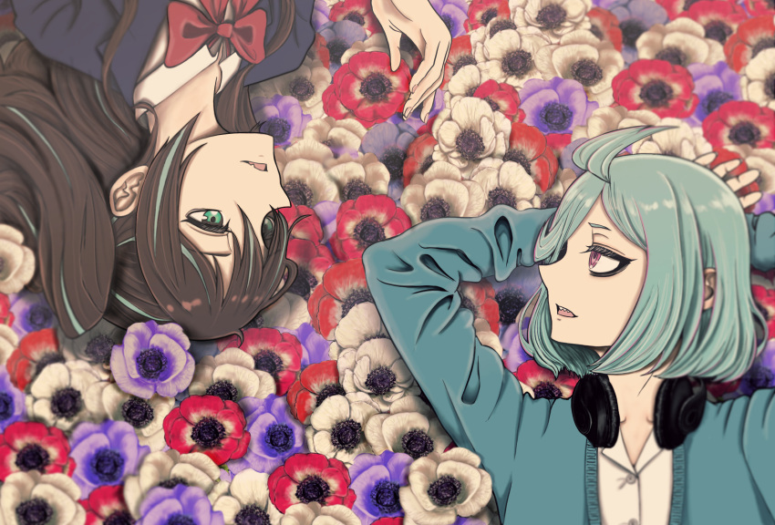 2girls ahoge akoya_matama anemo_nemo aqua_cardigan aqua_hair arms_behind_head blazer blue_eyes blue_jacket bob_cut bow bowtie brown_hair cardigan casual collared_shirt commentary dress_shirt fang field flower flower_field headphones headphones_around_neck highres jacket long_hair looking_at_another lying mahou_shoujo_ni_akogarete multicolored_hair multiple_girls on_back pseudo_ikatako purple_eyes red_bow red_bowtie school_uniform sharp_teeth shirt short_hair streaked_hair teeth white_shirt yuri