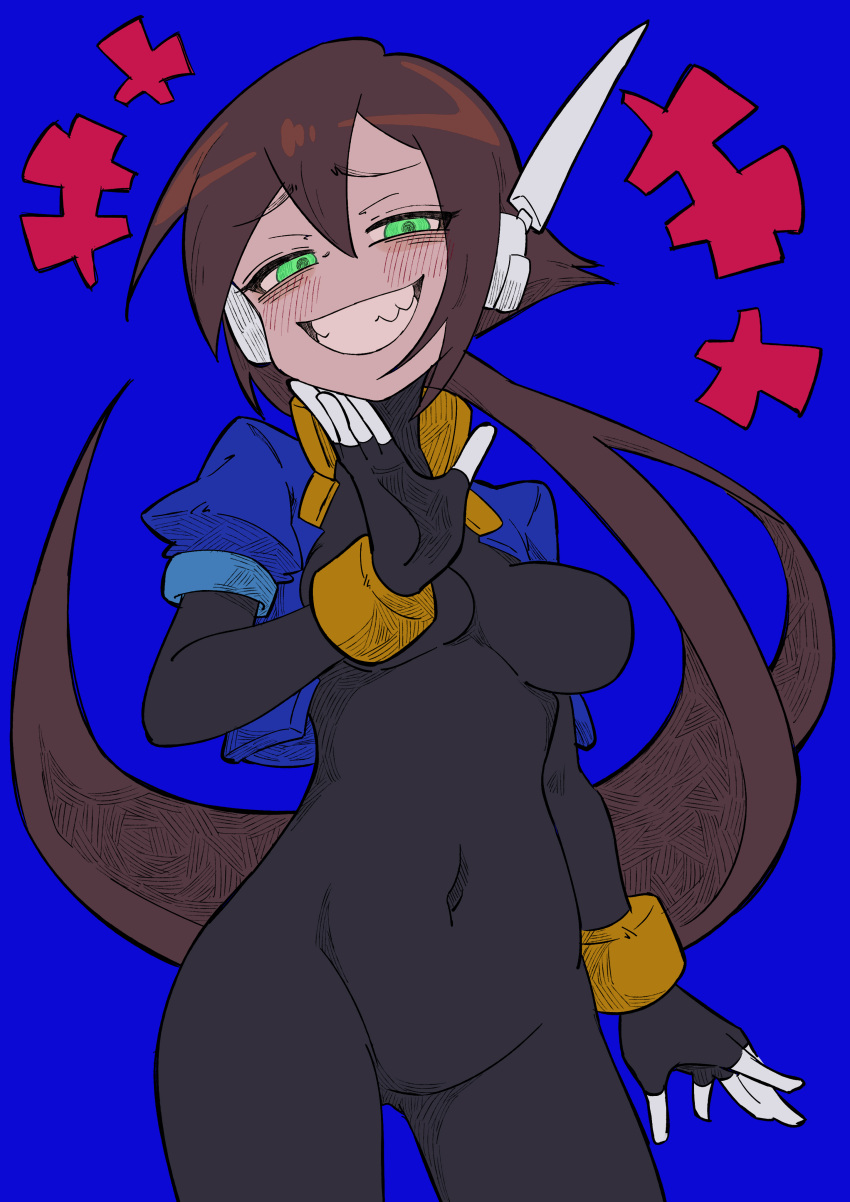 1girl absurdres aile_(mega_man_zx) arm_under_breasts black_bodysuit blue_background blue_jacket blush bodysuit bodysuit_under_clothes breasts brown_hair buzzlyears commentary covered_collarbone covered_navel cropped_jacket faux_traditional_media finger_to_mouth glowing green_eyes highres jacket large_breasts long_hair looking_at_viewer mega_man_(series) mega_man_zx mega_man_zx_advent no_pants open_clothes open_jacket ponytail robot_ears sharp_teeth simple_background smug solo teeth