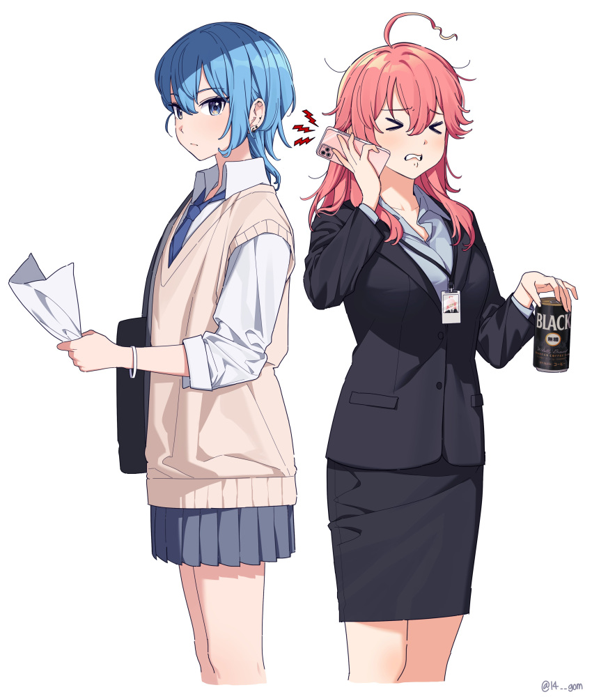 &gt;_&lt; 14_(vision5032) 2girls absurdres ahoge alternate_costume bag black_bag black_jacket black_skirt blue_eyes blue_hair blue_necktie blue_shirt brown_sweater_vest can canned_coffee cellphone clenched_teeth closed_mouth collared_shirt commentary double-parted_bangs drink_can ear_piercing green_eyes grey_skirt hair_between_eyes highres holding holding_can holding_paper holding_phone hololive hoshimachi_suisei id_card jacket lanyard long_hair long_sleeves medium_hair messy_hair miniskirt multiple_girls necktie office_lady open_mouth paper pencil_skirt phone piercing pink_hair pleated_skirt sakura_miko school_bag shirt simple_background skirt sleeves_past_elbows sleeves_rolled_up smartphone socks standing suit_jacket sweater_vest teeth virtual_youtuber white_background white_bag white_shirt wolf_cut wristband