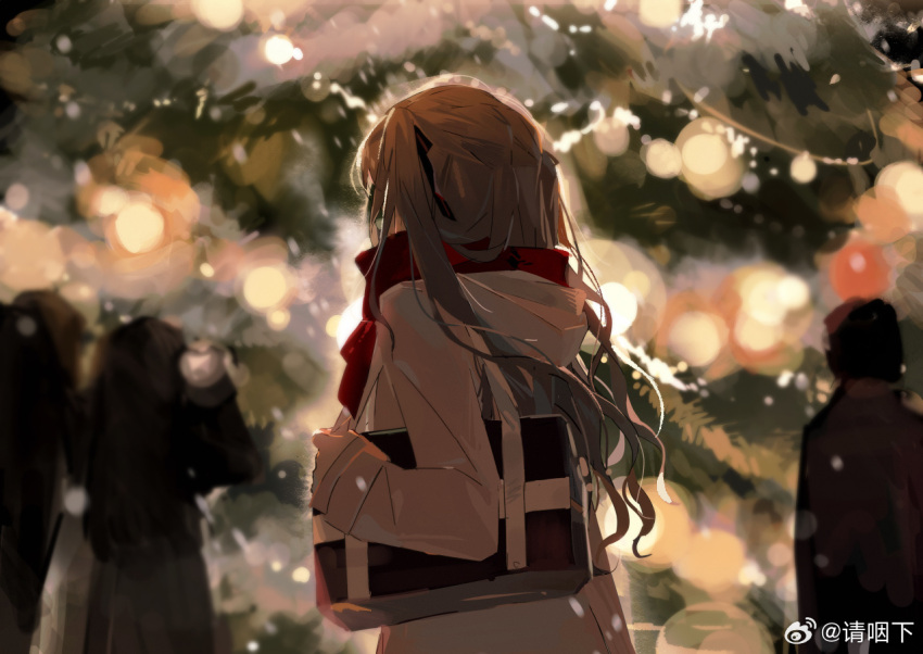 1girl bag black_bag black_ribbon blurry blurry_background brown_hair character_request chinese_commentary christmas commentary_request copyright_request hair_ribbon long_hair outdoors people qing_yan_xia ribbon school_bag shoulder_bag snow solo_focus twintails weibo_watermark winter_clothes