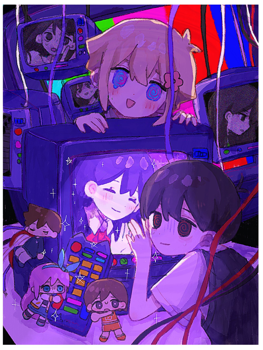 1girl 4boys @_@ aubrey_(faraway)_(omori) aubrey_(omori) basil_(faraway)_(omori) basil_(omori) black_eyes black_hair blonde_hair blue_eyes blush brown_eyes brown_hair closed_mouth controller flower hair_flower hair_ornament hero_(faraway)_(omori) hero_(omori) highres kel_(faraway)_(omori) kel_(omori) mari_(faraway)_(omori) mari_(headspace)_(omori) mari_(omori) mugi062 multiple_boys omori open_mouth pink_hair remote_control short_hair television wire