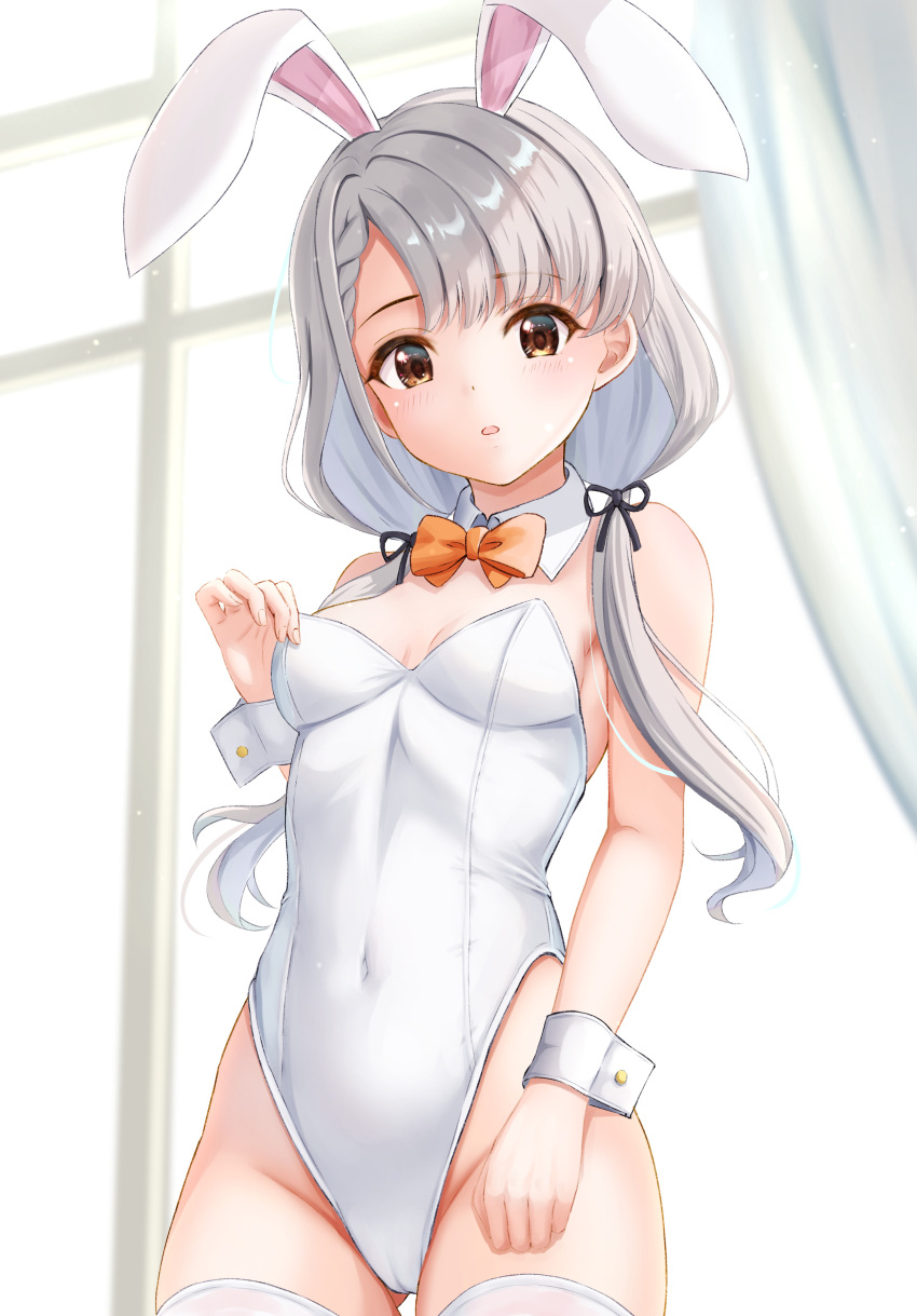 1girl absurdres animal_ear_hairband animal_ears asymmetrical_bangs bare_shoulders bow bowtie braid braided_bangs breasts ca_paria cameltoe covered_navel detached_collar fake_animal_ears grey_hair groin hair_ribbon hairband highleg highleg_leotard highres hisakawa_nagi idolmaster idolmaster_cinderella_girls indoors leotard long_hair looking_at_viewer orange_bow orange_bowtie petite playboy_bunny rabbit_ear_hairband rabbit_ears ribbon small_breasts solo strapless strapless_leotard thighhighs twintails very_long_hair white_leotard white_thighhighs wrist_cuffs