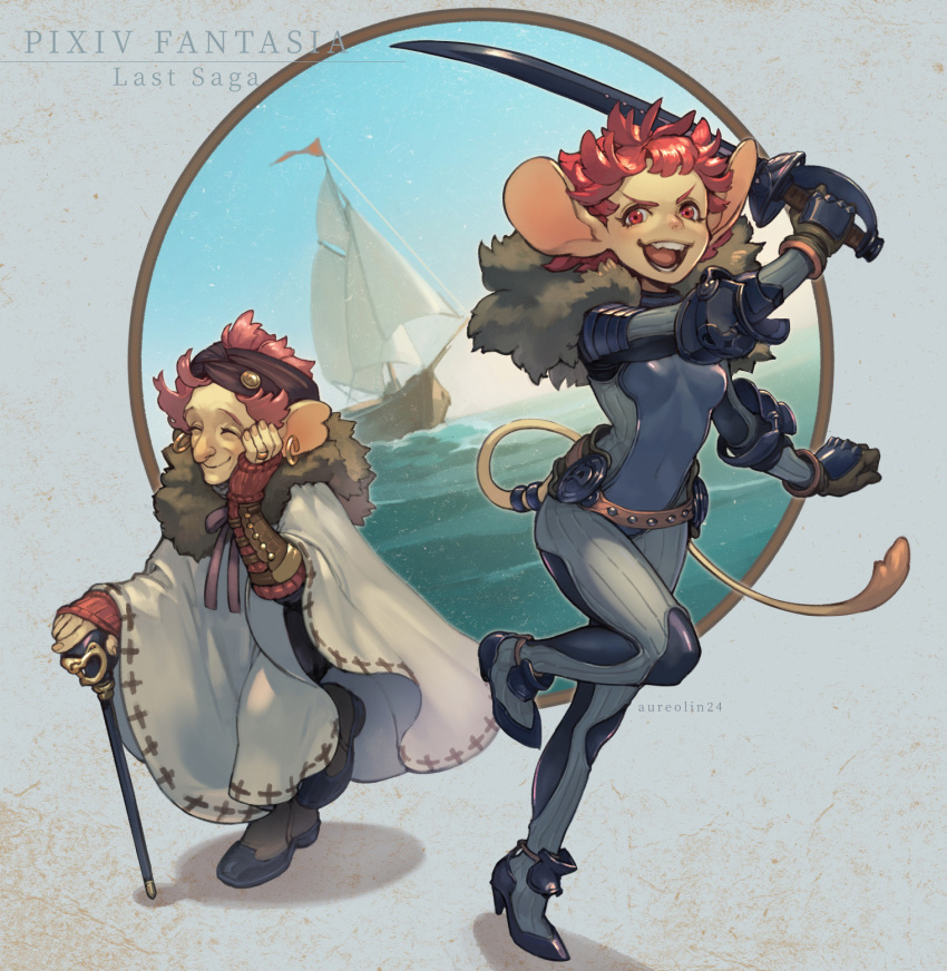 2girls :d animal_ears belt black_gloves black_headband boat breasts cane copyright_name earrings fur_trim gloves hand_up headband highres holding holding_sword holding_weapon hoop_earrings jewelry looking_at_viewer mouse_ears multiple_girls nishiki_areku old old_woman paletta_(pixiv_fantasia_last_saga) pixiv_fantasia pixiv_fantasia_last_saga popomaria_(pixiv_fantasia_last_saga) red_eyes red_hair ring small_breasts smile standing standing_on_one_leg sword tail walking watercraft weapon