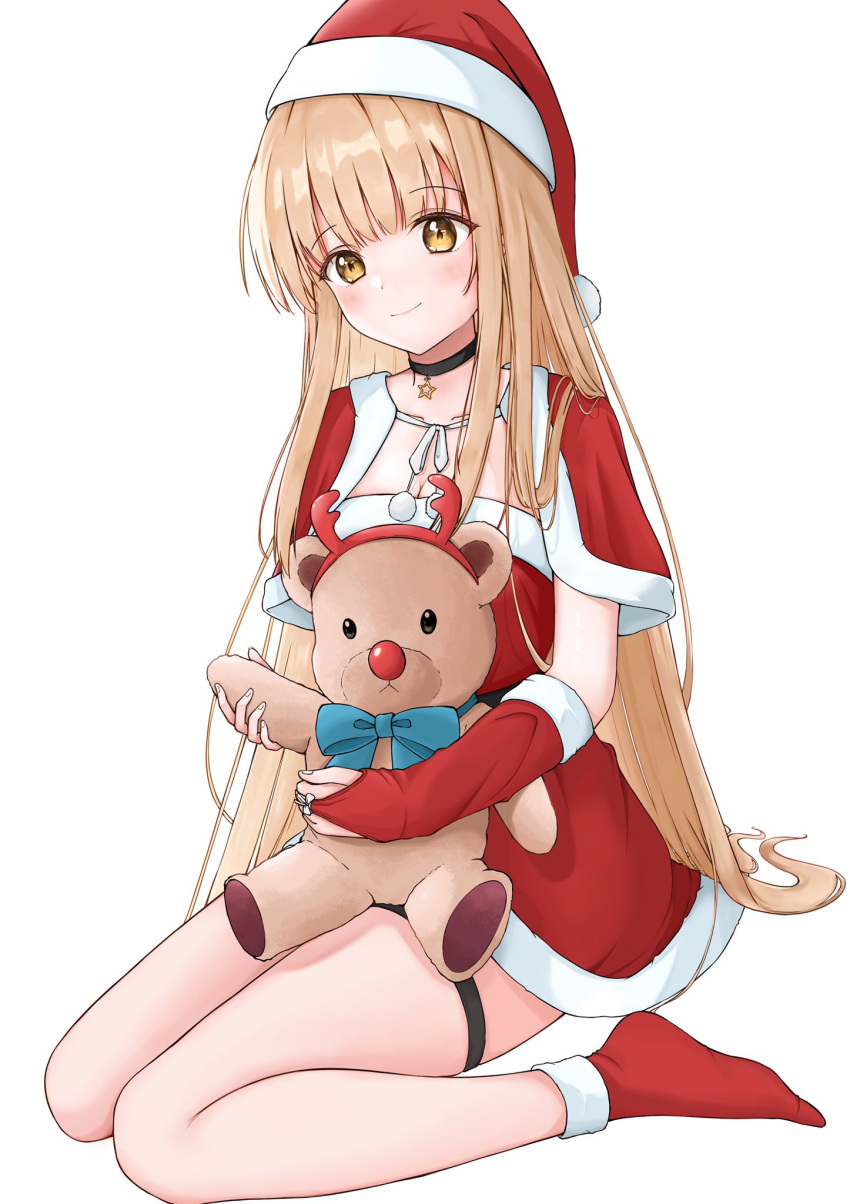 1girl antlers blonde_hair blue_bow blush boots bow bowtie breasts chimatori christmas closed_mouth doll dress full_body gloves hat highres horns light_brown_hair long_hair looking_at_viewer medium_breasts nose otonari_no_tenshi-sama_ni_itsu_no_mani_ka_dame_ningen_ni_sarete_ita_ken red_bow red_bowtie red_gloves red_hat red_nose red_shirt red_skirt red_socks santa_boots santa_costume santa_dress santa_hat shiina_mahiru_(otonari_no_tenshi-sama) shirt simple_background sitting skirt smile socks solo star_(symbol) stuffed_animal stuffed_toy teddy_bear white_background yellow_eyes