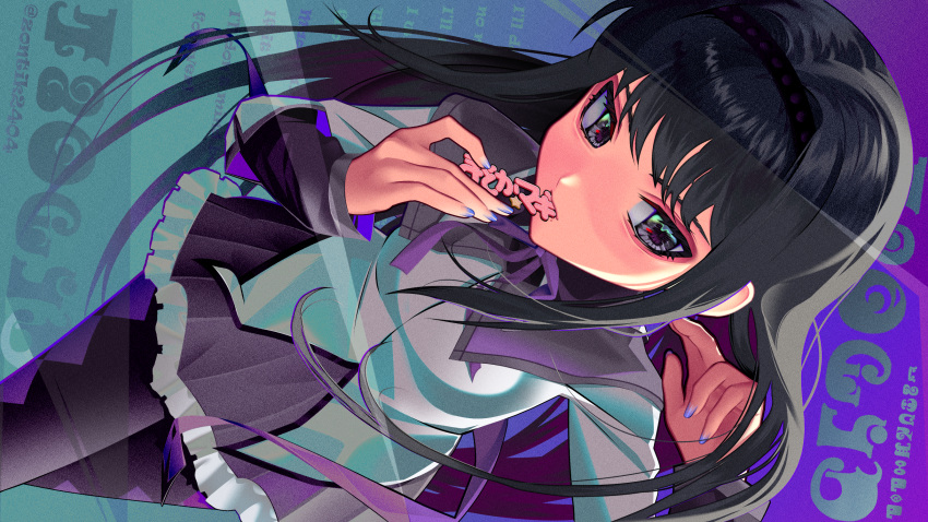 1girl akemi_homura argyle_clothes argyle_legwear black_eyes black_hair black_hairband black_pantyhose blue_background blue_nails capelet commentary copyright_name cowboy_shot eating english_commentary frilled_skirt frills hairband highres jacket long_hair long_sleeves looking_to_the_side mahou_shoujo_madoka_magica mahou_shoujo_madoka_magica_(anime) mouth_hold nail_polish neck_ribbon pantyhose purple_background purple_capelet purple_skirt ribbon sideways sideways_glance skirt solo two-tone_background white_jacket zontik2404