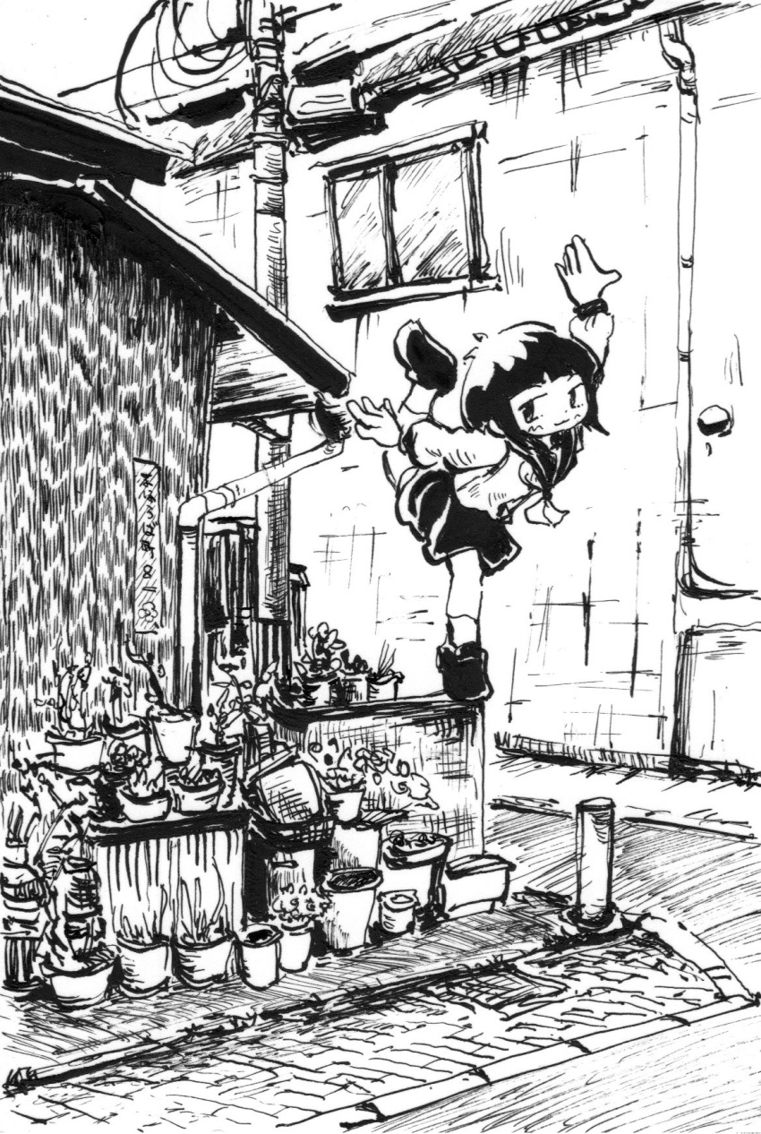 1girl balancing building greyscale highres mochihama monochrome original outdoors plant potted_plant sailor_collar school_uniform serafuku short_hair sketch skirt solo standing standing_on_one_leg utility_pole