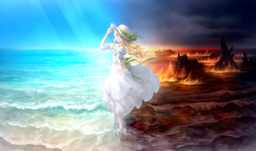 1girl absurdres ankle_strap back_bow beach beckoning blonde_hair blue_eyes blue_sky bow burning dairoku_ryouhei day doll_joints dress fire from_side full_body green_bow green_footwear green_ribbon hair_between_eyes hand_on_headwear hat hat_ribbon high_heels highres joints light_rays long_hair looking_at_viewer looking_to_the_side medium_dress ocean off-shoulder_dress off_shoulder overcast parted_lips polar_opposites ribbon shipwreck sidelocks sky sleeves_past_elbows smile solo split_theme standing sun_hat sunlight tanaka_(tw) tea_arabelia wading white_dress white_hat