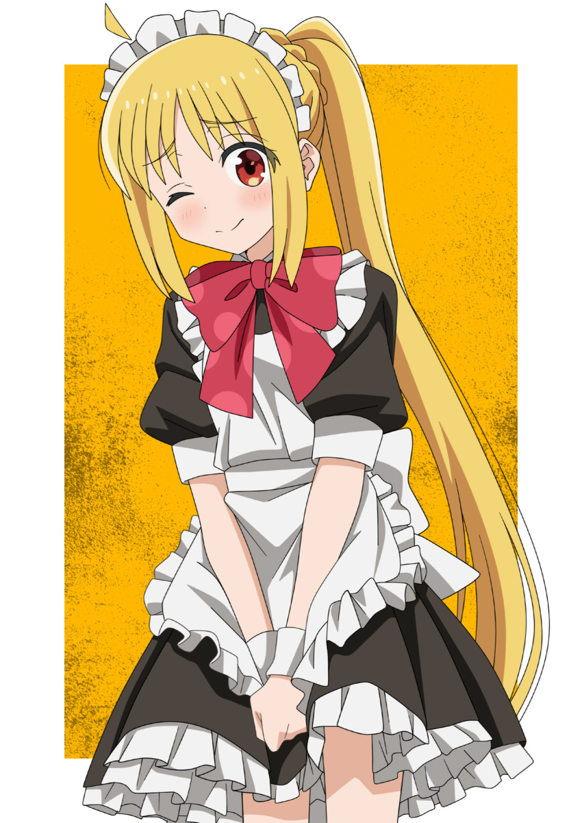 1girl ;d ahoge alternate_costume apron back_bow black_dress blonde_hair blush bocchi_the_rock! border bow bowtie braid clenched_hand closed_mouth commentary_request cowboy_shot crown_braid detached_ahoge dot_nose dress enmaided eyes_visible_through_hair frilled_apron frilled_dress frills highres ijichi_nijika long_hair maid maid_apron maid_headdress one_eye_closed orange_eyes outside_border own_hands_together puffy_short_sleeves puffy_sleeves purple_bow purple_bowtie riokasen short_dress short_sleeves side_ponytail sidelocks sleeve_cuffs smile solo v_arms very_long_hair white_apron white_border white_bow white_wristband yellow_background
